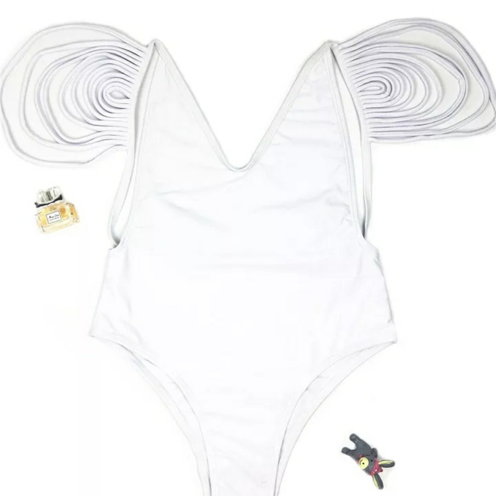 White shoulder tassle one piece monokini swimsuit - Picture 3 of 4